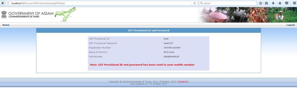 Then the following screen will appear with dealer s provisional userid/password, Registration Number, Firm Name and Pan