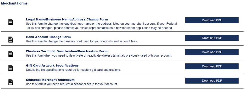 The Merchant Forms page opens. These forms can be used to request certain changes to your merchant account.