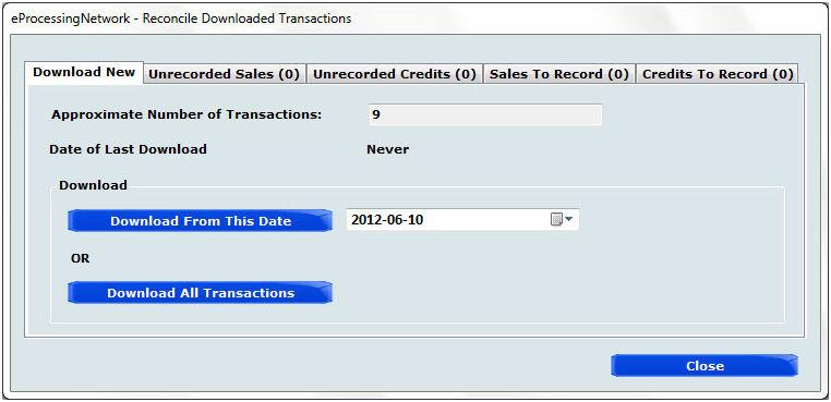 First Time Download The first time you attempt to download transactions from eprocessingnetwork into QuickBooks, you will need to select a start date for the download.