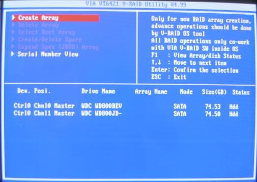 3. The two attached SATA hard disk drives are displayed (as pictured below) in the main menu of the RAID configuration utility.