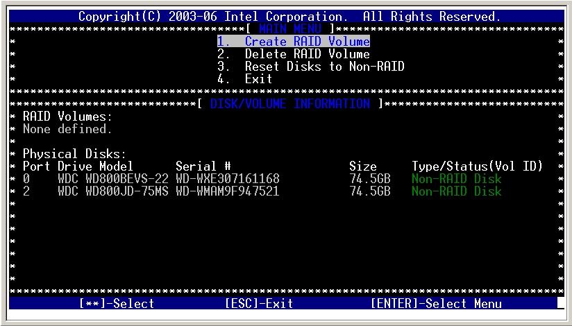 5. In the storage manager's 'MAIN MENU' window the two attached SATA hard disk drives should be displayed in the 'Physical Disks' section.