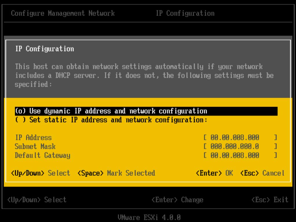 Procedure 1 Select Configure Management Network and press Enter. 2 Select IP Configuration and press Enter.