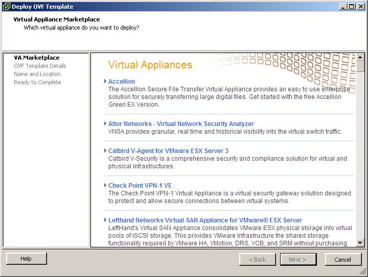 Import a virtual appliance. 2 Select VA Marketplace and click Next.