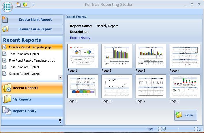 PerTrac Reporting Studio Overview When the PerTrac Reporting Studio application is launched, the Home window shown below opens.