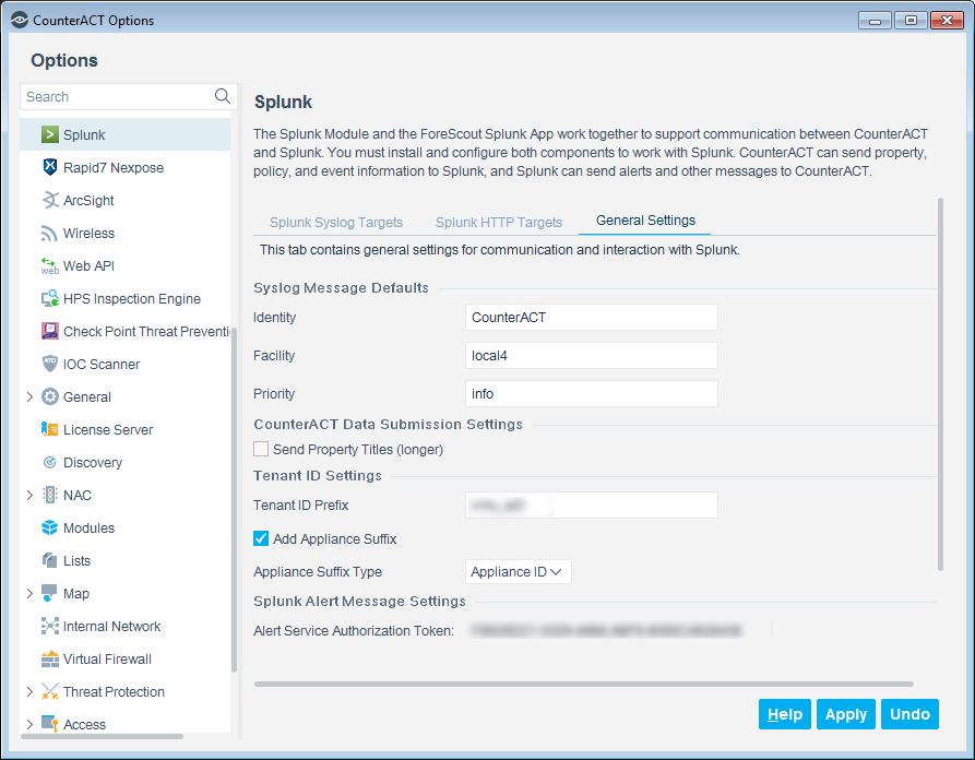 The CounterACT Data Submission Settings and Splunk Alert Message Settings sections are relevant when using Event Collector messaging to report data to Splunk: Syslog Message defaults Identity