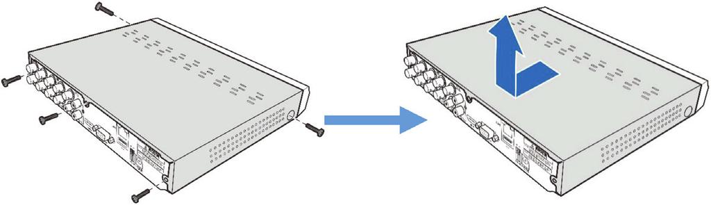 The example shown here is for an R16 DVR. To install an HDD: 1. Lay the DVR on a clean, flat table, and then remove the five cover screws shown in the picture below on the left.