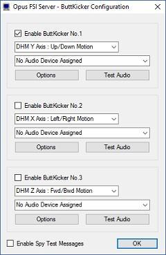 ButtKicker Configuration Dialog This dialog is used to enable the ButtKicker devices, associate a DHM xyz axis to the device, and assign an audio output to the device.