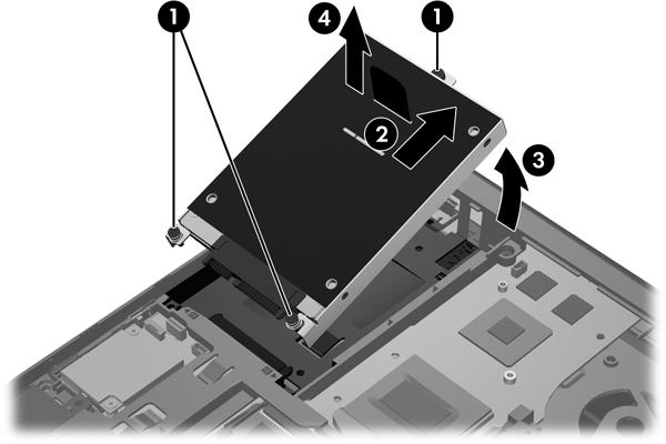 9. Use the plastic tab to lift the connector side of the hard drive up at an angle (3) and remove the drive (4) from the computer. To remove the hard drive for the ProBook: 1.