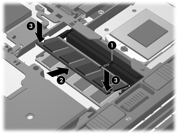6. Insert a new memory module: CAUTION: To prevent damage to the memory module, hold the memory module by the edges only. Do not touch the components on the memory module. a. Align the notched edge (1) of the memory module with the tab in the memory module slot.