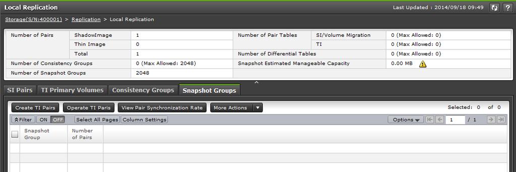 Snapshot Group tab This tab on the Local Replication window shows your snapshot groups. The following image shows this tab.
