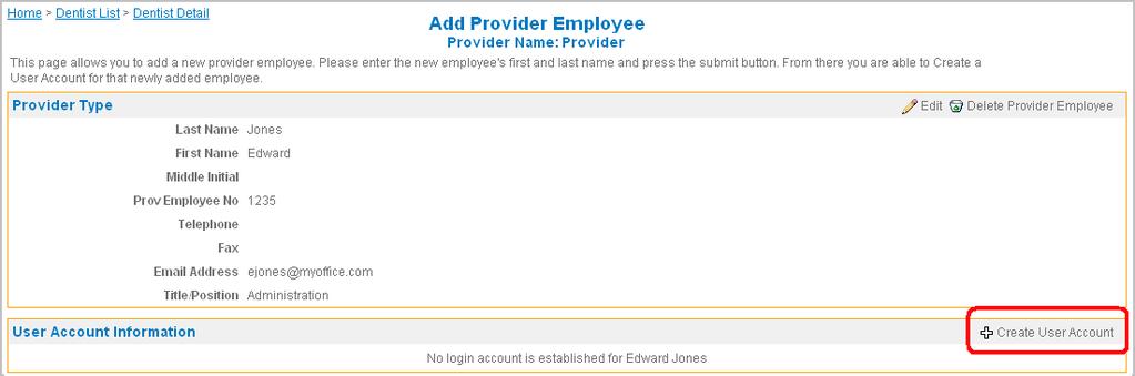 5. In the upper-right corner of the User Account Information section, click the Create User Account link.