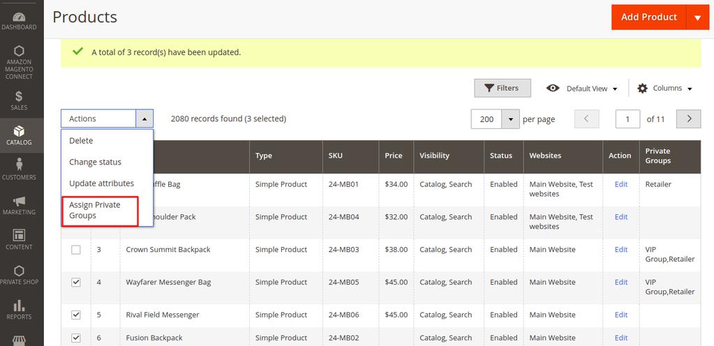 Admin can Assign multiple private groups to multiple products by navigating through Catalog > Products then select the products from the grid and click on Assign