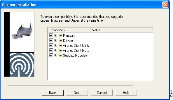 Installing or Upgrading Client Adapter Software Step 19 If you chose an express installation, go to Step 21. If you chose a custom installation, the Custom Installation screen appears (see Figure 2).