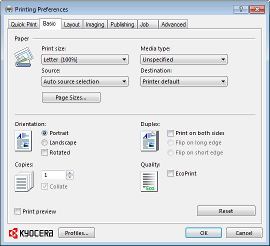 Basic In the Basic tab, you can specify the most commonly used printer driver settings. To return to the original settings, click Reset.
