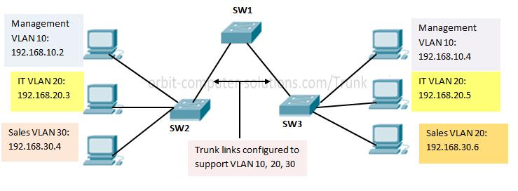VLAN Trunks Large networks often contain more than one switch; if you want to span virtual LANs across two or more switches, a VLAN trunk can be used.