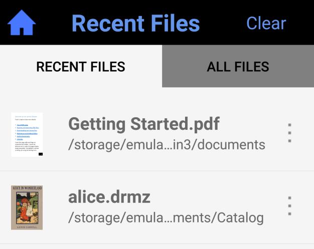 2 File lists For RECENT FILES and for ALL FILES on your device (PDF and DRMZ format files) touch the FILES icon on the home page: and the
