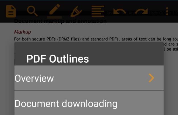 Touch the Contents icon to display and select from the PDF Outline (if enabled by the publisher) try it with this