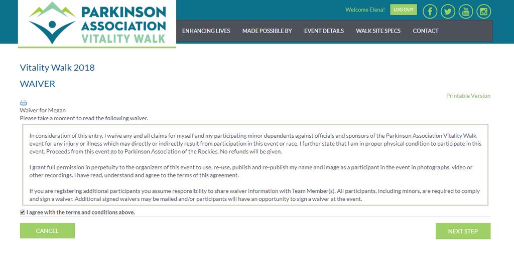 4) Make sure the name at the top of the Waiver is correct and click the box at the