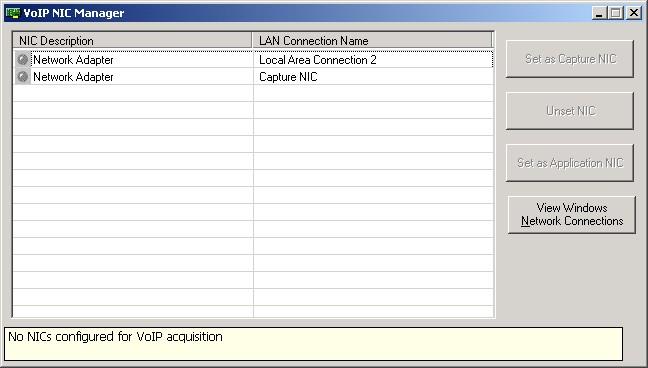 4. From the VoIP NIC Manager screen displayed in Figure 30, select and click the Network Adapter for Capture NIC (only one NIC board installed).