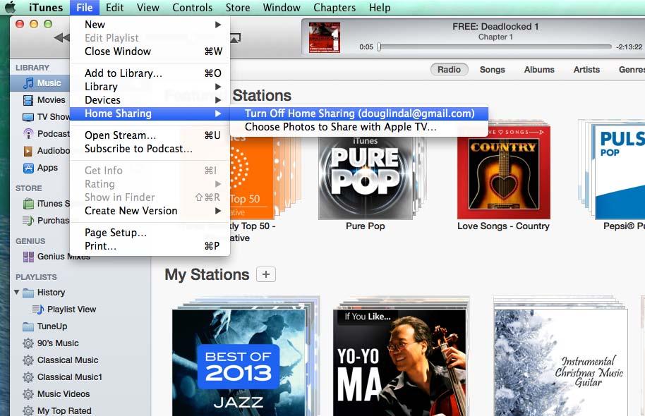 Next, open itunes and in the File Menu, turn on Home
