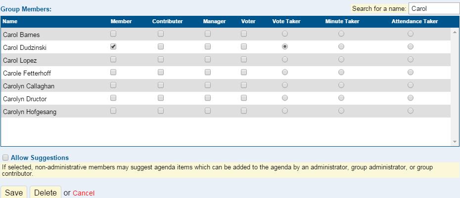 2) In the Group Members section of the Group screen, select the member that needs removed from the group. 3) Un-select the check box of the group member.