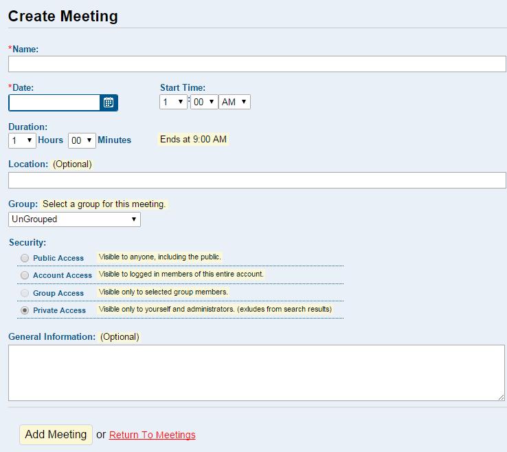 Meetings Meetings must be created before an agenda can be created. Meetings contain details such as the date, time and location. A meeting may have multiple agendas assigned to it.