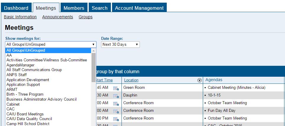 4) Users can also use the Date Range to more efficiently find their meetings. a. Default view for Date Range is set to Next 30 Days. b.
