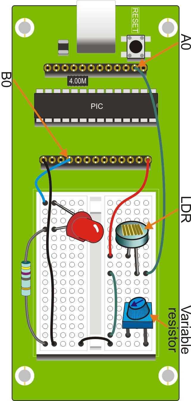 Worksheet 8 Is it too dark? Page 19 The circuit: Build the circuit, shown below, on the prototype board. The LDR, (light-dependent resistor,) can be connected either way round.