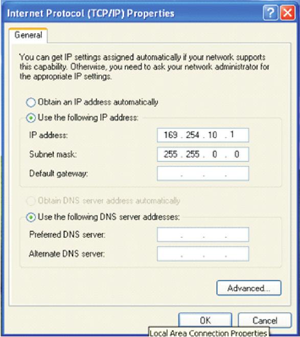 The IP address setting should remain at 169.254.10.