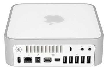 Align the cutout in the aluminum housing with the rear ports on the Mac mini, as shown below-left.