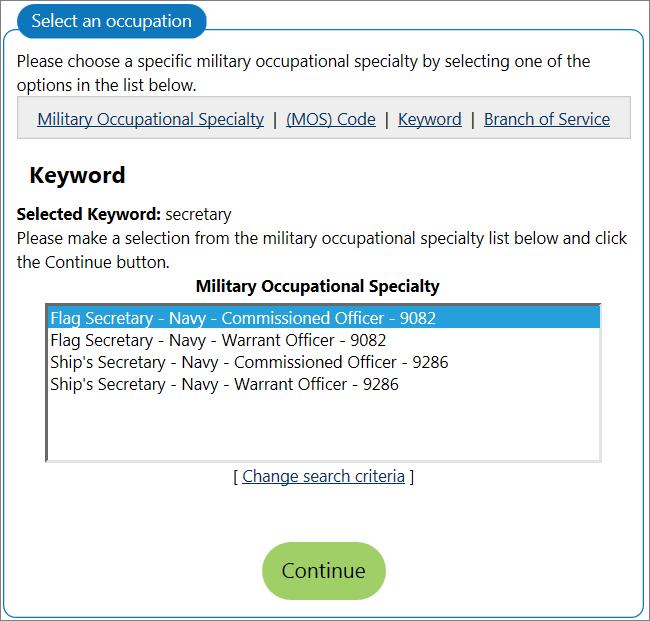 Enter a job title or occupational keyword in the textbox and click Search.