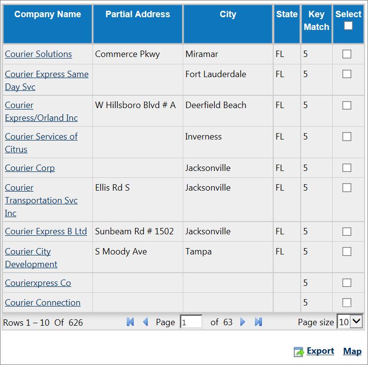 Employer Search Results Screen On the Search Results screen, check the boxes in the Select column for all employers to be viewed on a map or to be downloaded to an Excel file.