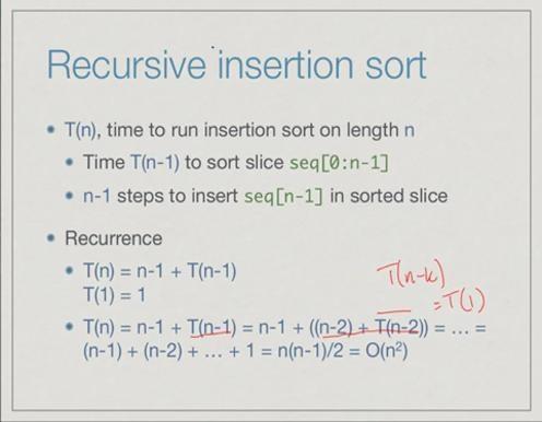set recursion limit function inside sys. (Refer Slide Time: 15:00) So how would we analyse the complexity of recursive insertion sort?