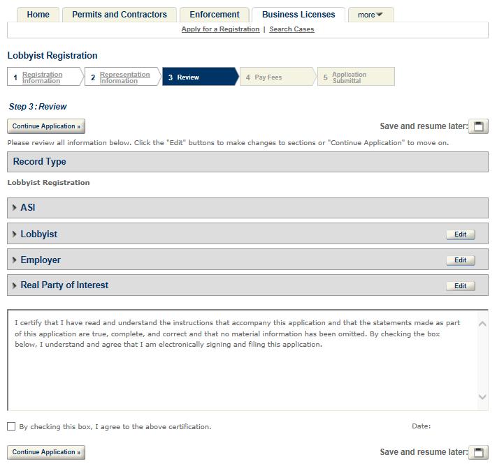 CREATING THE LOBBYIST REGISTRATION 4. Reviewing the submittal This next screen provides a summary of the overall registration.