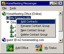 Once a new contact group is created, you can add contacts to the group. First, right-click the named group you just created, e.g., My Contacts, and then choose Add Contacts.