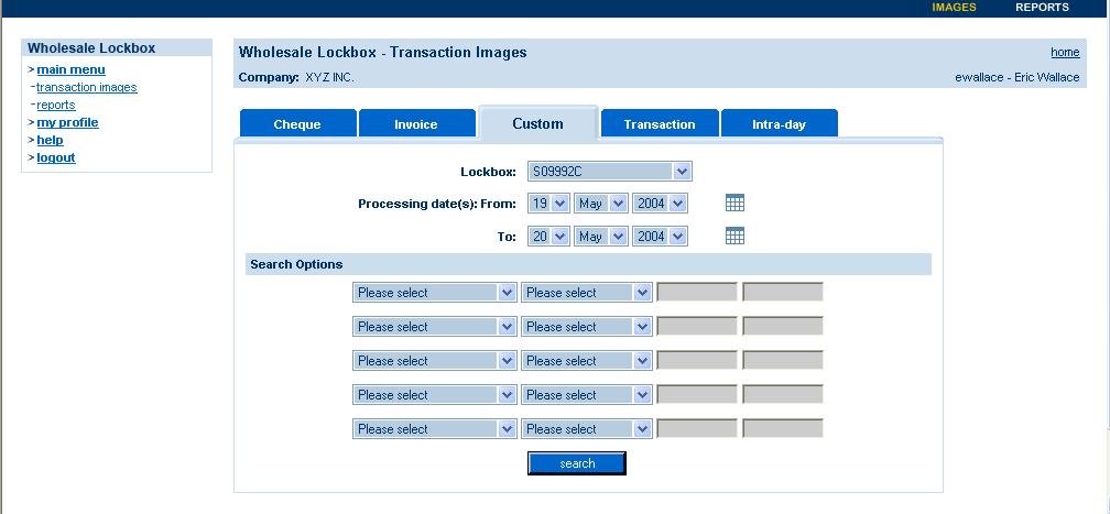 CUSTOM SEARCH TAB You can search for transaction images by entering lockbox-specific custom information. The custom information is specified by your company during setup.