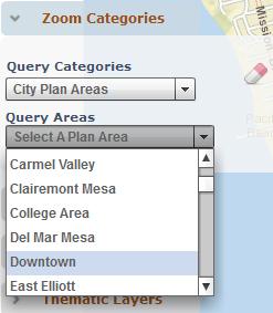 Zoom Categories: Click on the drop down menu Query Categories and choose from: City Boundary, City Plan Areas, or County Plan Areas.