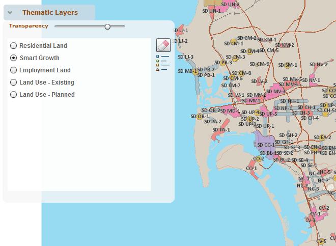 Enterprise Zone Council Districts Community Planning Areas Foreign Trade Zones Thematic Layers: The Thematic Layers panel allows users to overlay different layers and themes on the