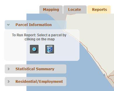 Reports Tab To view reports on parcel, residential, and employment information for a spatially selected area of the San Diego