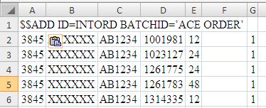 The following example illustrates how the order should be formatted when using Excel to create the.csv file; the header line (i.e. Store (A), Password (B), etc.