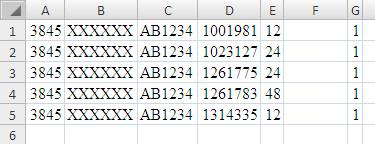 The following example illustrates how the order should be formatted when using Excel to create the.csv file; the header line is for example only and should not be part of the.