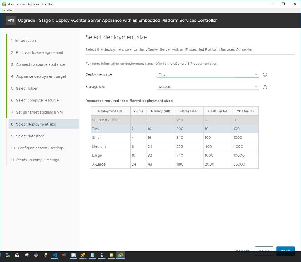 Configure the deployment size for the resulting VCSA appliance.