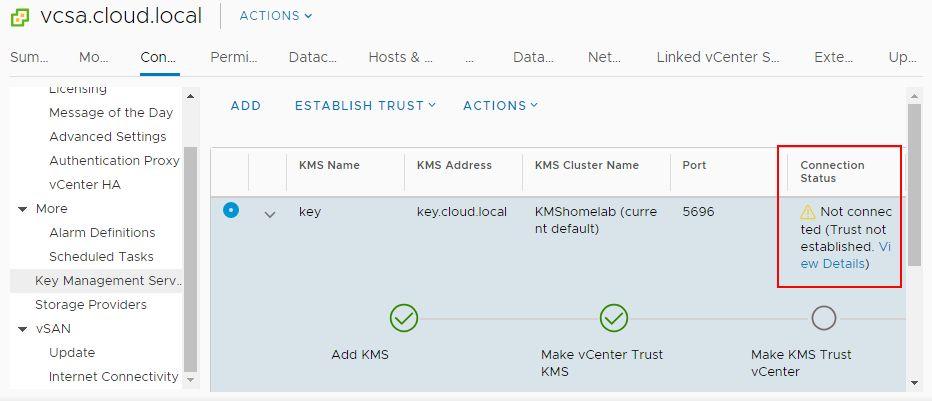 You will see the Make vcenter Trust KMS dialog box open after establishing the connection to the KMS server cluster.