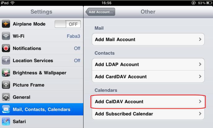 2. Select Other > Add CalDAV Account 3. Configure the Server settings.