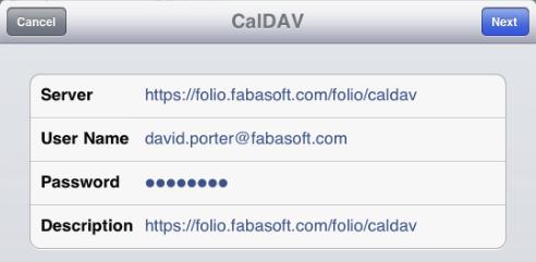 URL>/<virtualdirectory>/caldav o Username and Password Specifies the username and password of your Fabasoft