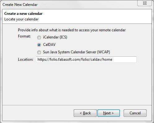 3. Select CalDAV and specify the Location.