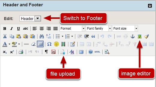Header and Footer Upload a logo, watermark, or insert text to create a header and/or footer.