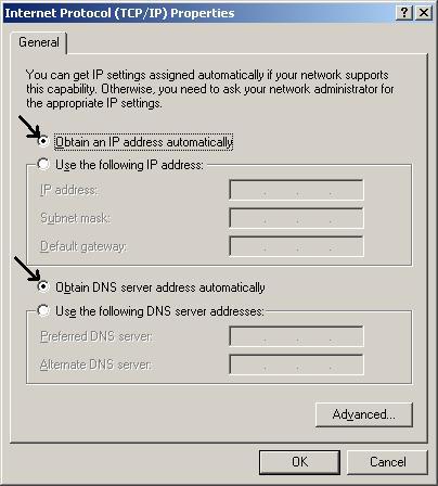 Select the Obtain an IP address automatically and the Obtain