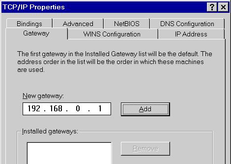 On the Gateway tab, enter the Broadband ADSL Router's IP address in the New Gateway field and click Add, as shown below.
