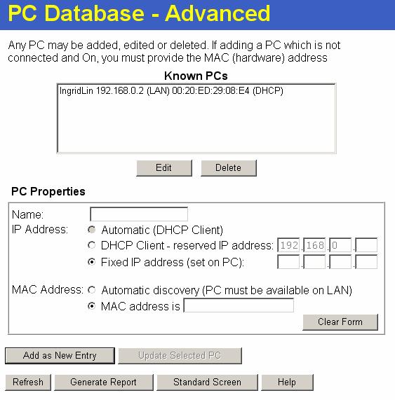 PC Database (Admin) This screen is displayed if the "Advanced Administration" button on the PC Database is clicked. It provides more control than the standard PC Database screen.